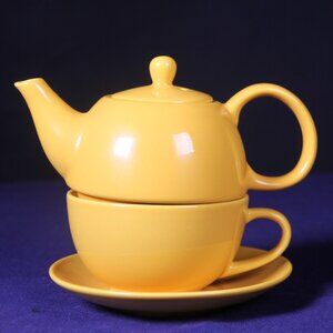 Vintage English Tea Store Yellow Stacked Teapot with Matching Cup & Saucer
